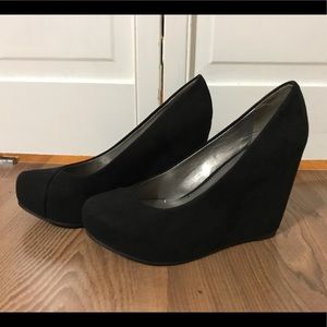 Black Suede Fergalicious Wedge Heels